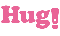 The brandlogo of Hug. Written in bold round letters with an exclamation mark at the end