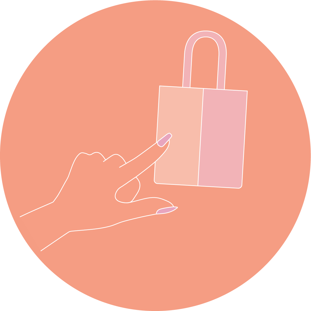 Round icon with a bag illustration. It visualizes step 1: Shop your favourite Hug