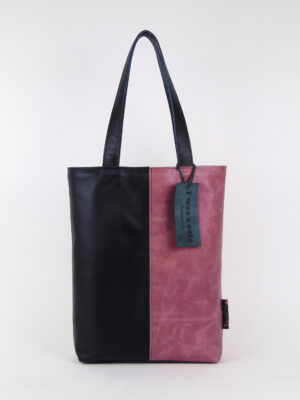 Product image of the shopper named Famous Candy. This shopper is made from recycled leather in a colour combination of black and pink.